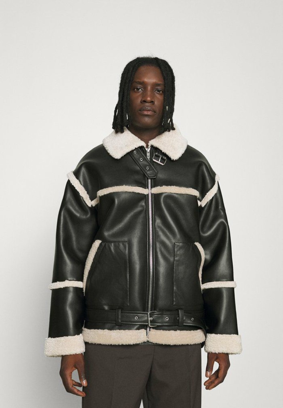 Clothing * | Mennace Hennessey Exposed Seam Aviator Jacket Faux Leather Jacket Black