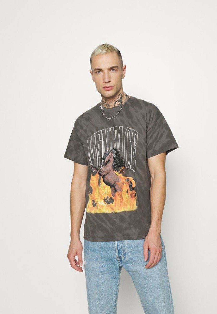 Clothing * | Mennace Flaming Steed Tie Dye Print T-Shirt Grey