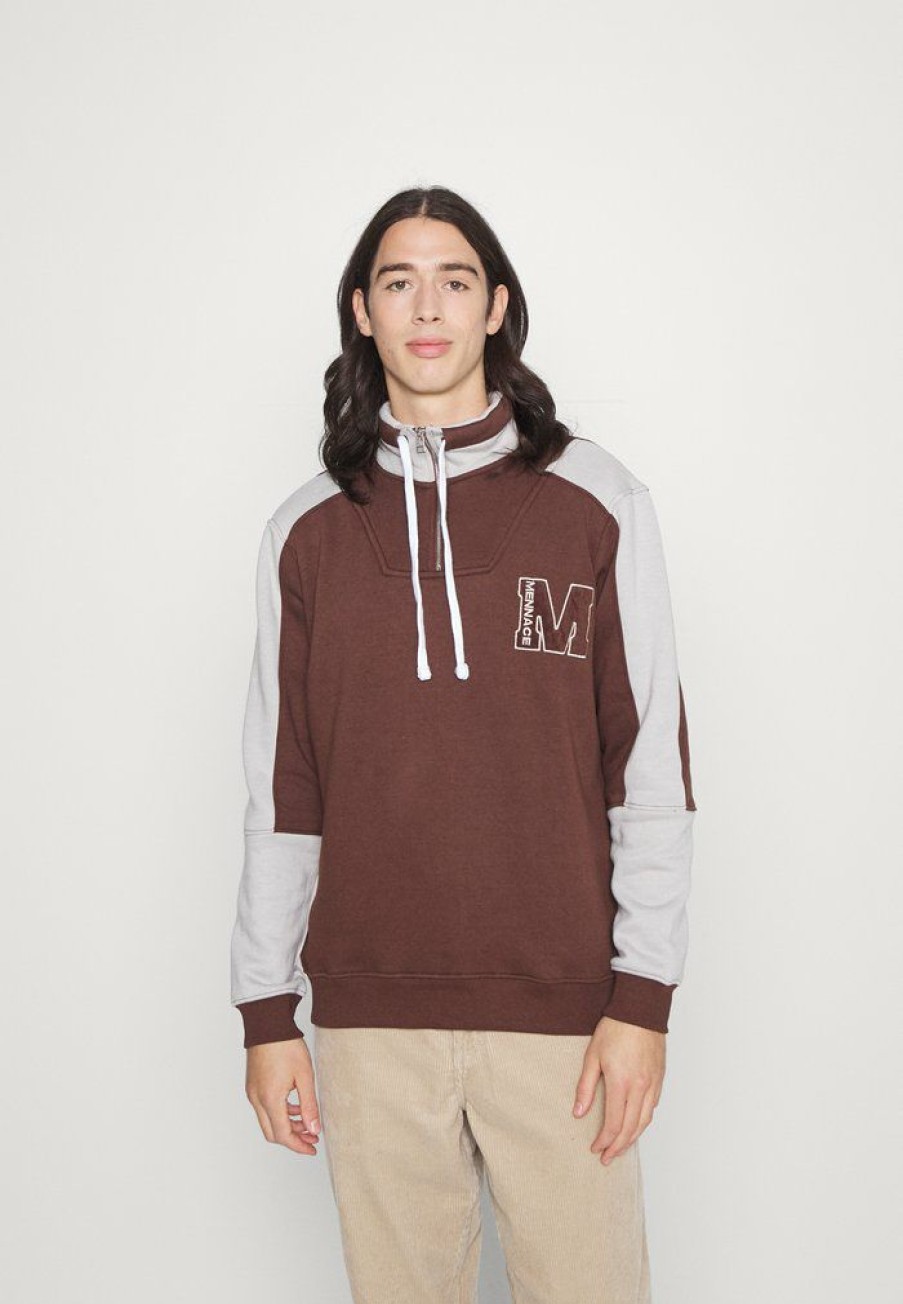 Clothing * | Mennace Contrast Panel Half Zip Sweatshirt Brown