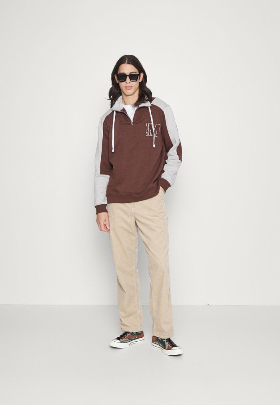 Clothing * | Mennace Contrast Panel Half Zip Sweatshirt Brown