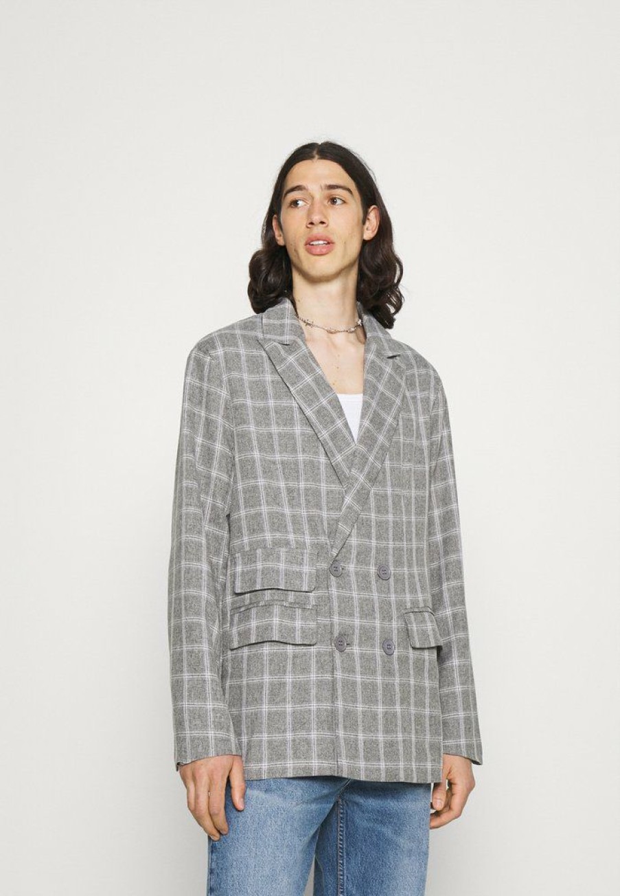 Clothing * | Mennace Breeze Double Breasted Check Suit Jacket Blazer Jacket Grey