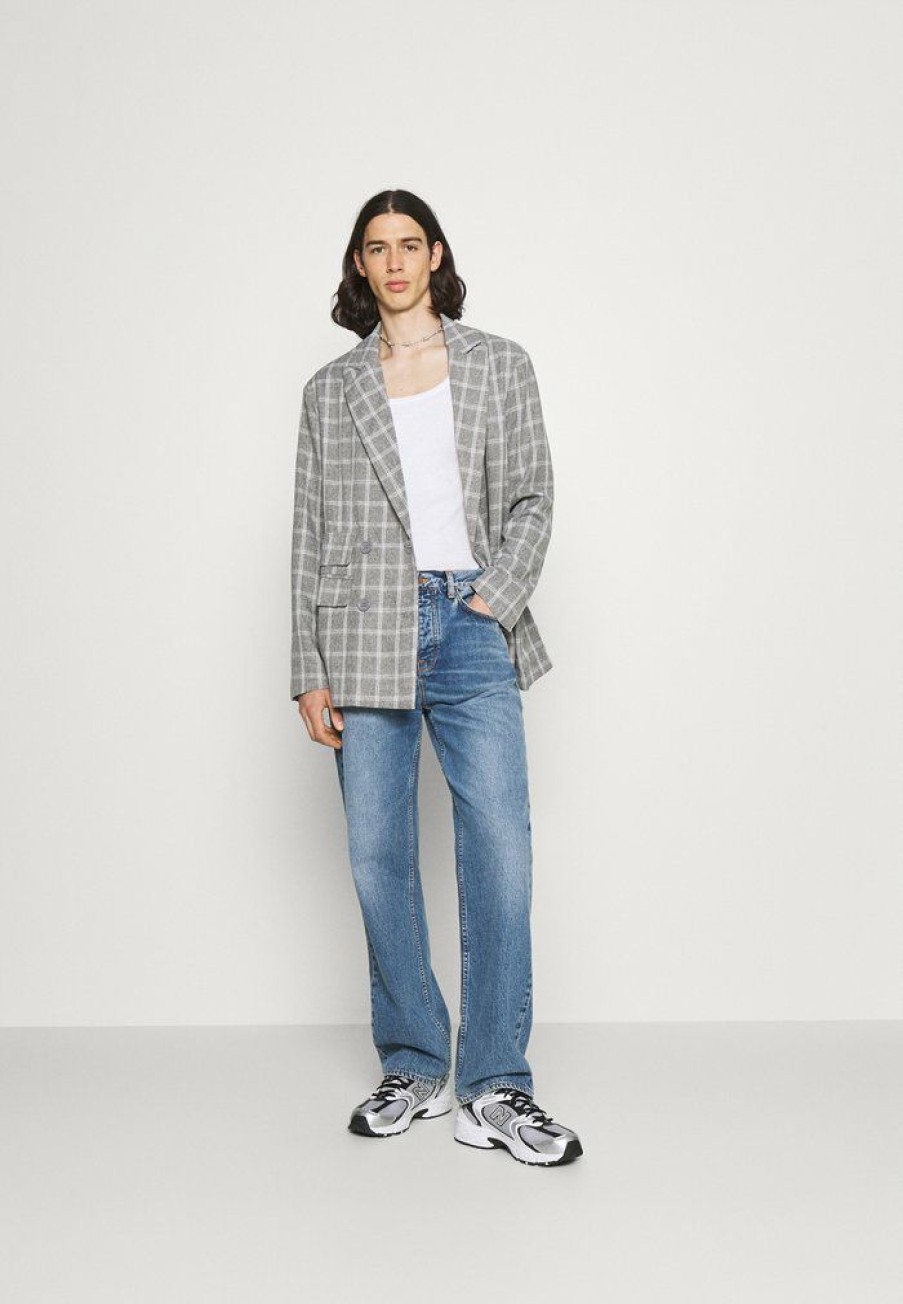 Clothing * | Mennace Breeze Double Breasted Check Suit Jacket Blazer Jacket Grey