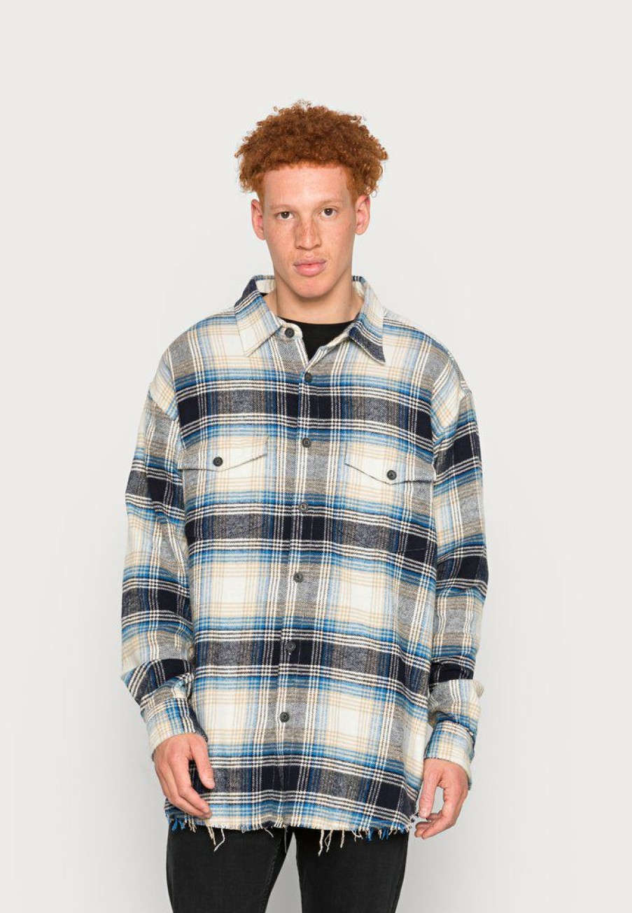 Clothing * | Mennace Raw Hem Check Shacket Summer Jacket Blue