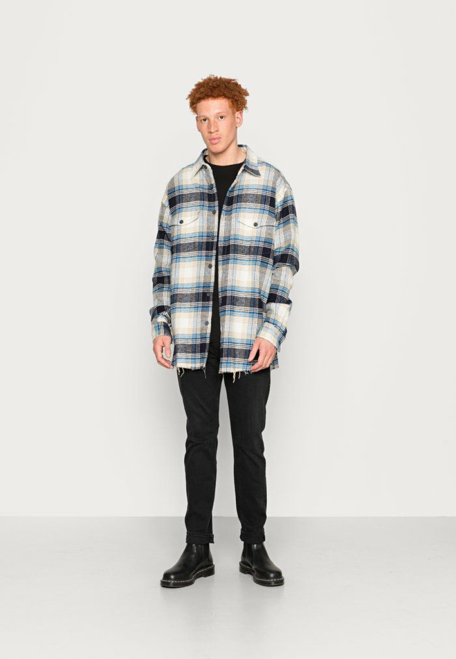 Clothing * | Mennace Raw Hem Check Shacket Summer Jacket Blue