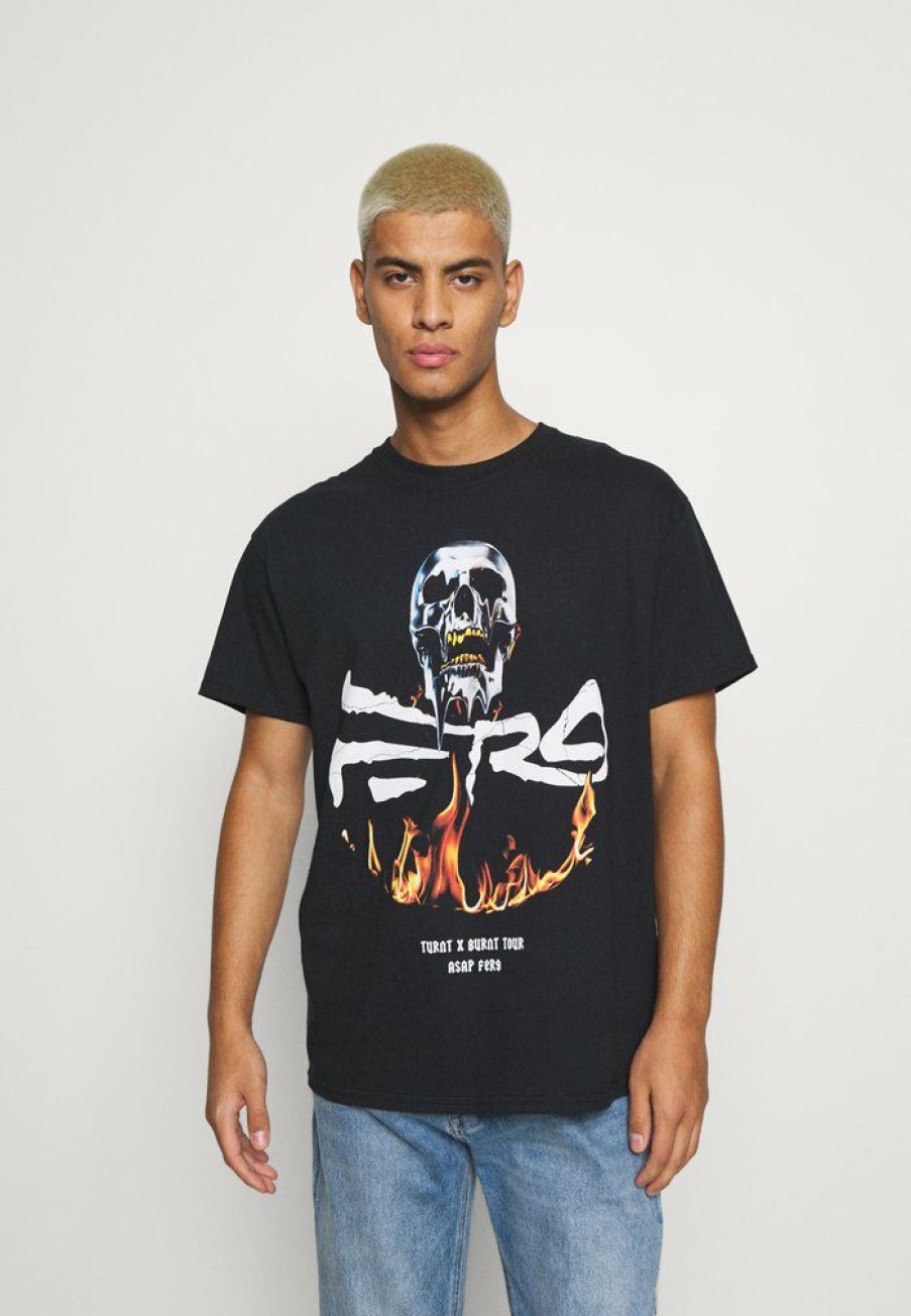 Clothing * | Mennace A$Ap Ferg Flame Skull Print T-Shirt Black