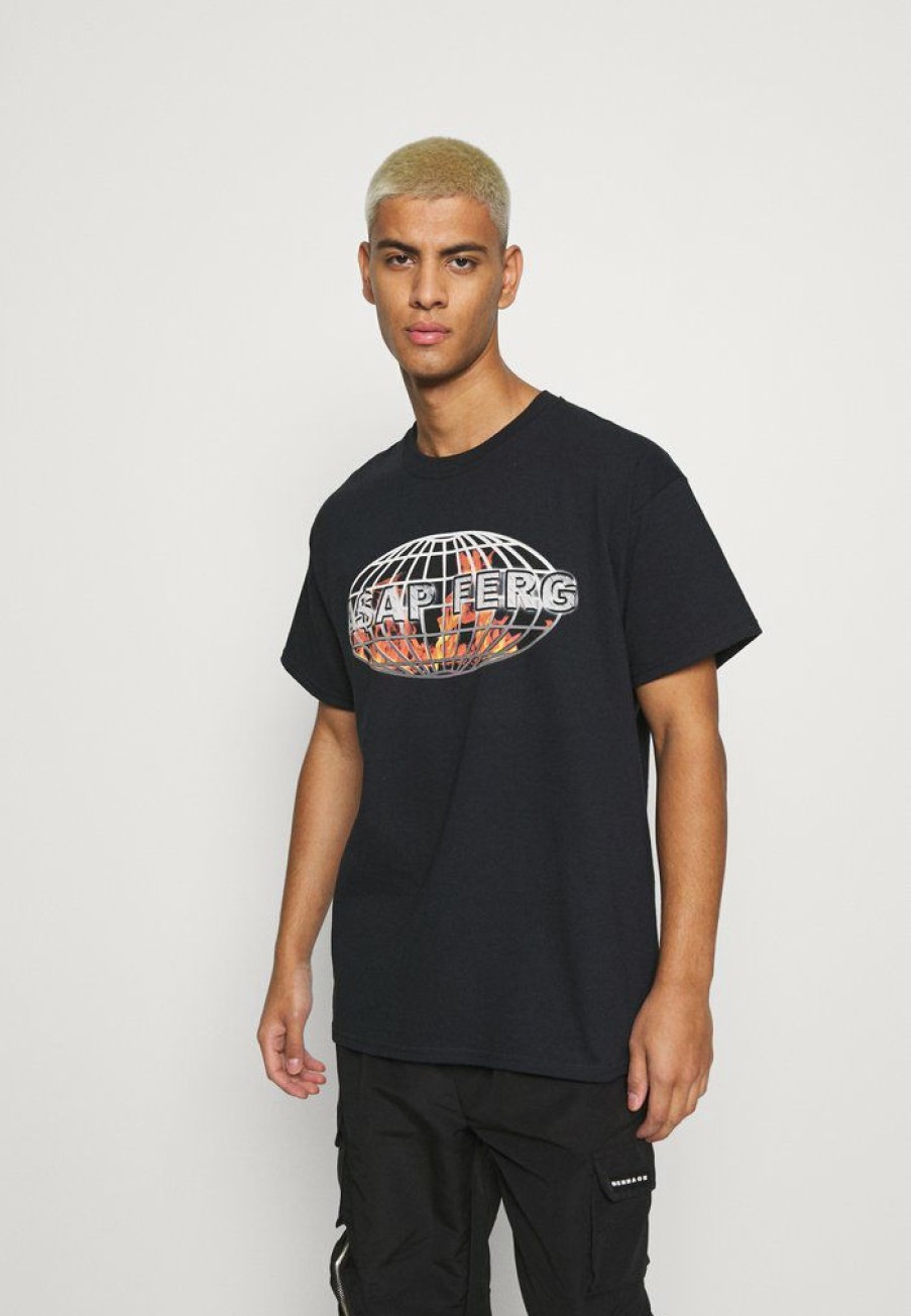 Clothing * | Mennace A$Ap Ferg Flame Globe Print T-Shirt Black